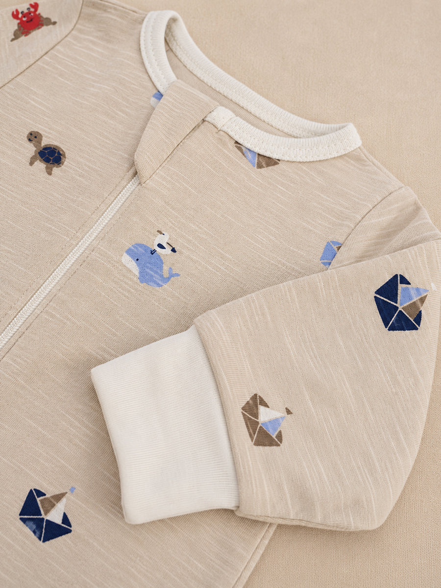 Ziva Baby Sleepsuit with Cap – Knitted Cotton Front Zip, Fold-Over Mittens & Integrated Booties | Warm Ash Grey | Little Ocean Adventure Print