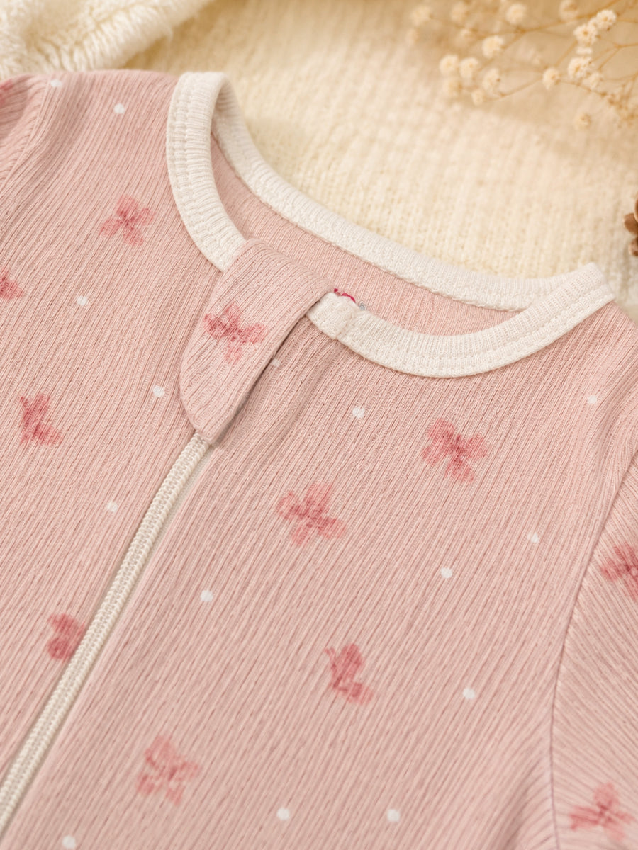 Ziva Baby Sleepsuit with Cap – Knitted Cotton Front Zip, Fold-Over Mittens & Integrated Booties | Blush Peach Pink | Tiny Butterfly Print