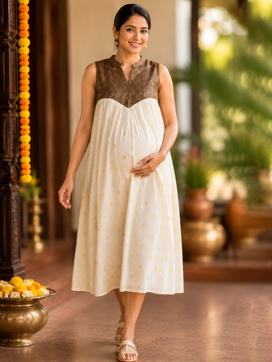 Ziva Onam Maternity & Feeding Sleeveless Dress | Onakodi | Light Cream Handloom Cotton with Caramel Brown Banarasi Yoke | Hidden Feeding Zips & Side Pocket