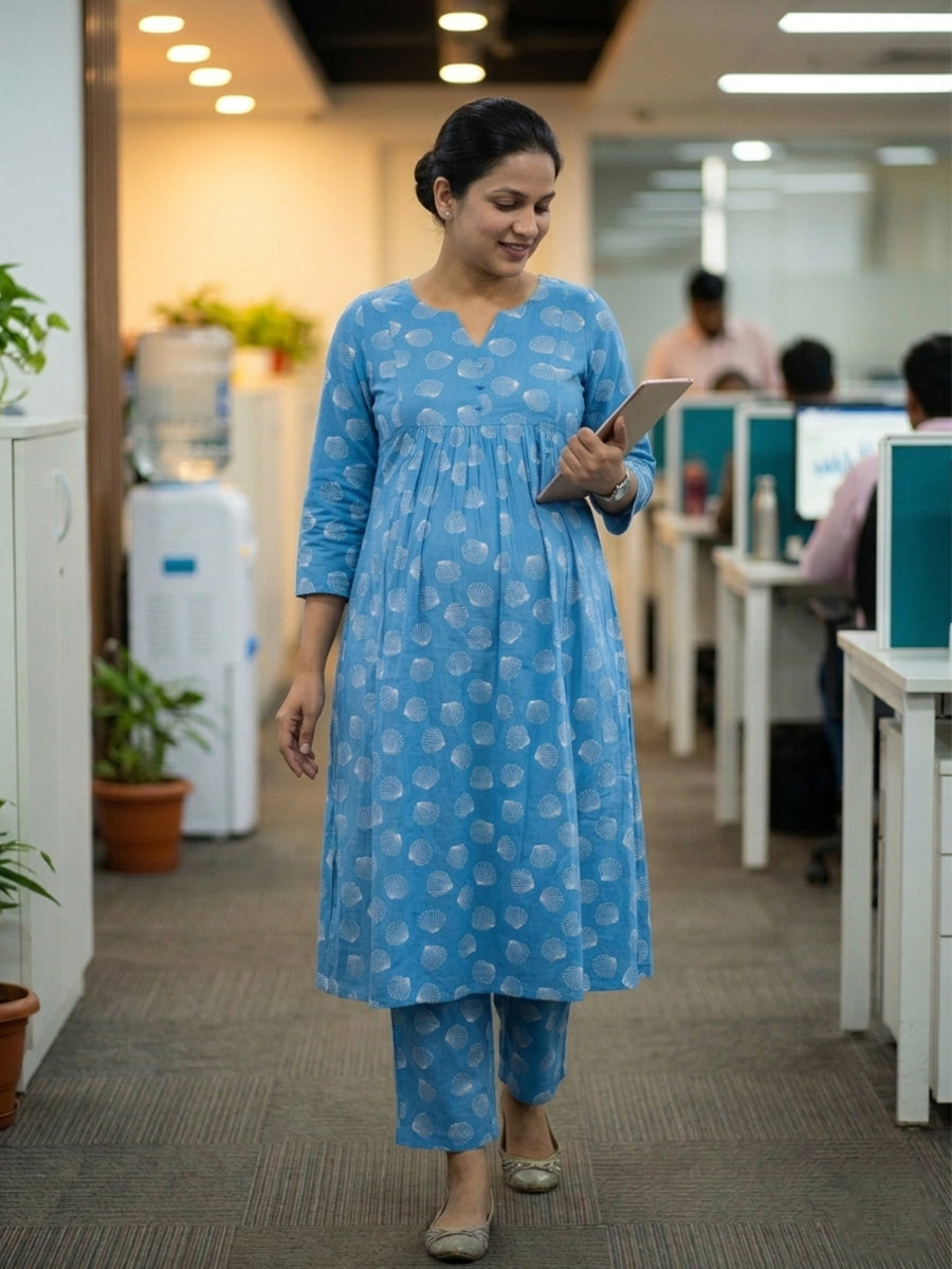 Ziva Maternity & Feeding Cotton Co-ord Set with Side Zips & Pockets – Teal Blue Seashell Print