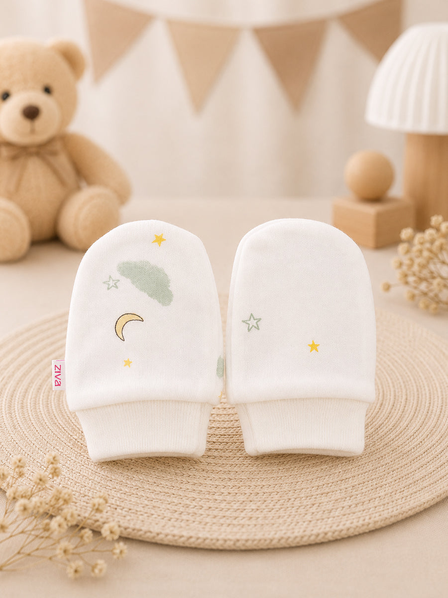 Ziva Baby Cap, Mitten & Bootie Set – Little Lamb & Stars Print | Knitted Cotton