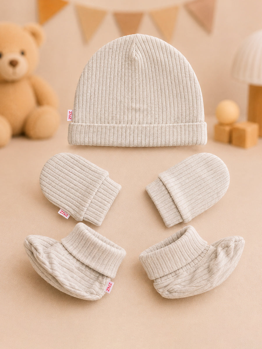 Ziva Baby Cap, Mitten & Bootie Set – Solid Light Grey Ribbed | Knitted Cotton
