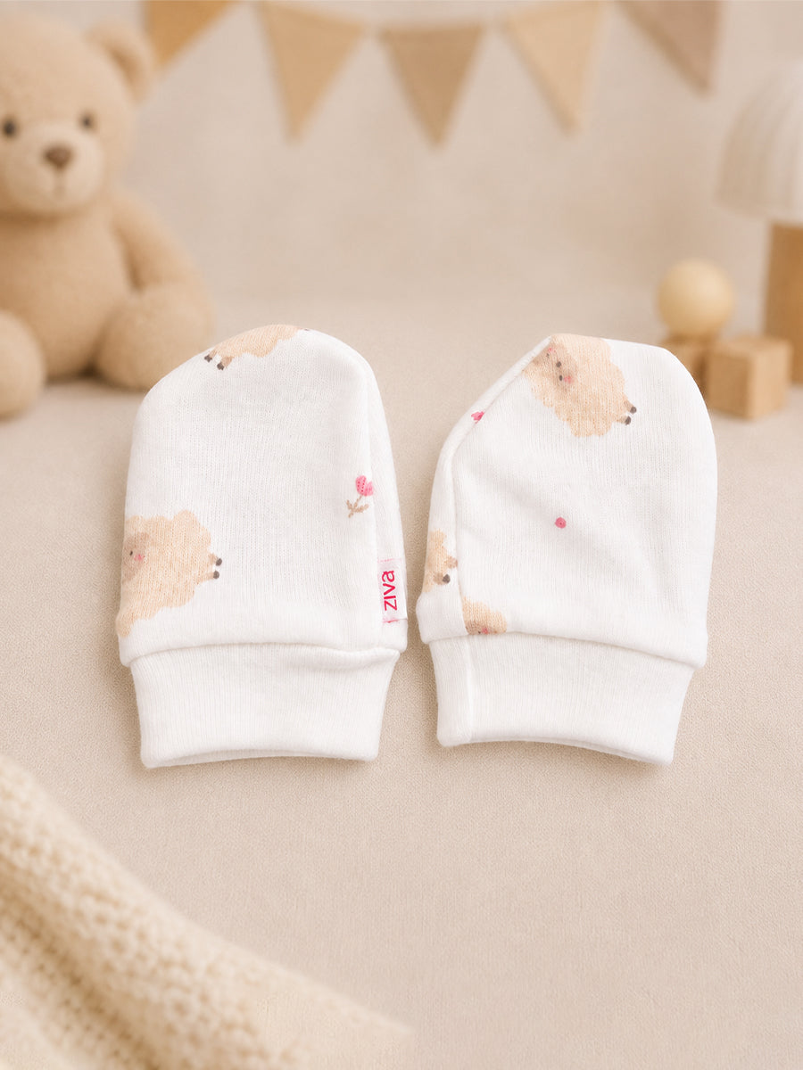 Ziva Baby Cap, Mitten & Bootie Set – Cute Hedgehog Print | Knitted Cotton