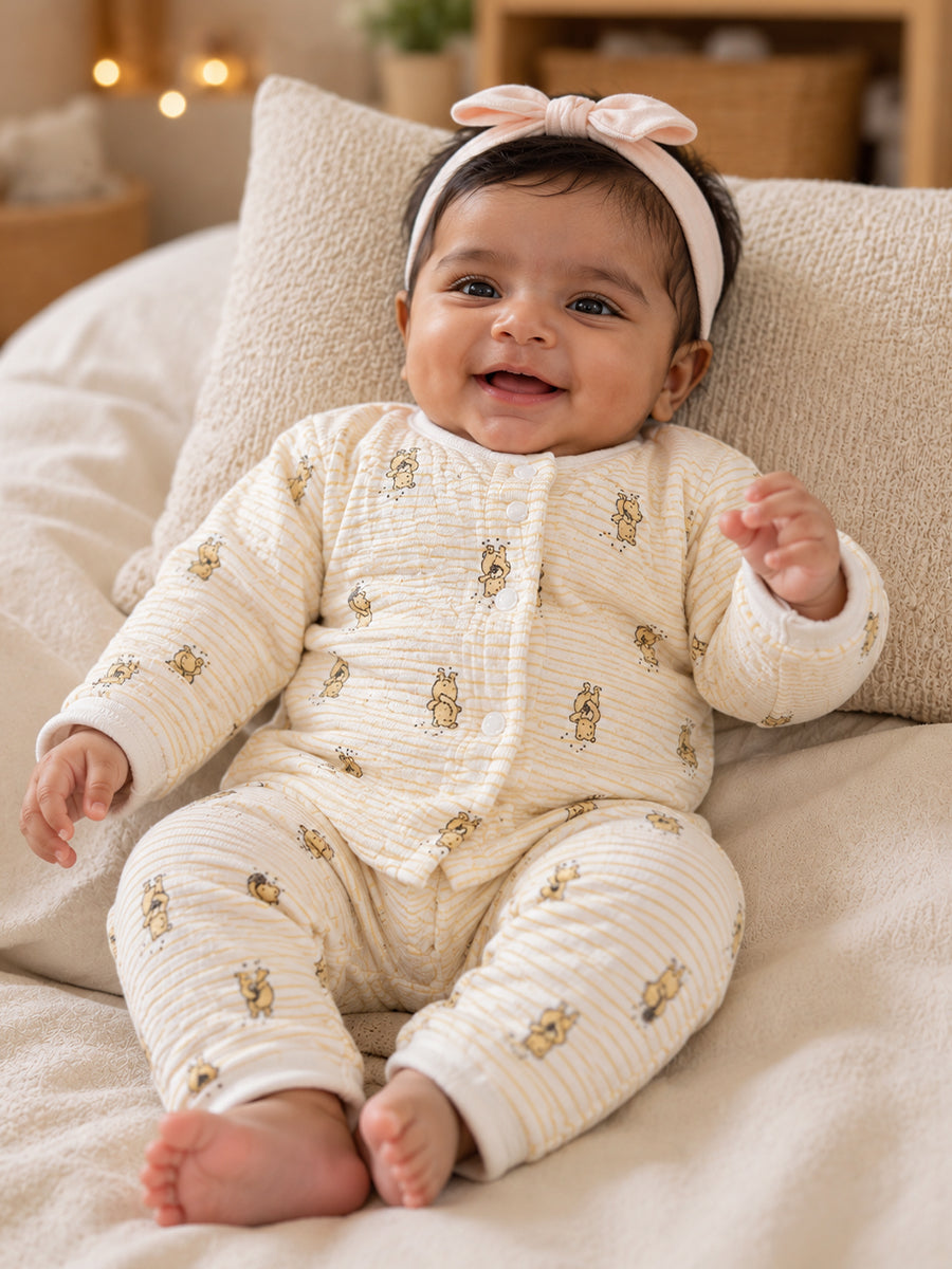 Ziva Premium Quilted Baby Sweater Top & Pant Set – Cute Bear Print | Soft & Warm