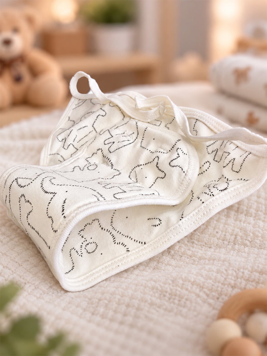 Ziva 3 Piece Nappy – Unisex | Premium Adjustable Tie Nappy | Knitted Cotton | Lightly Padded Attached Insert | Assorted White & Off-White Prints(Print Details: Check Product Description)