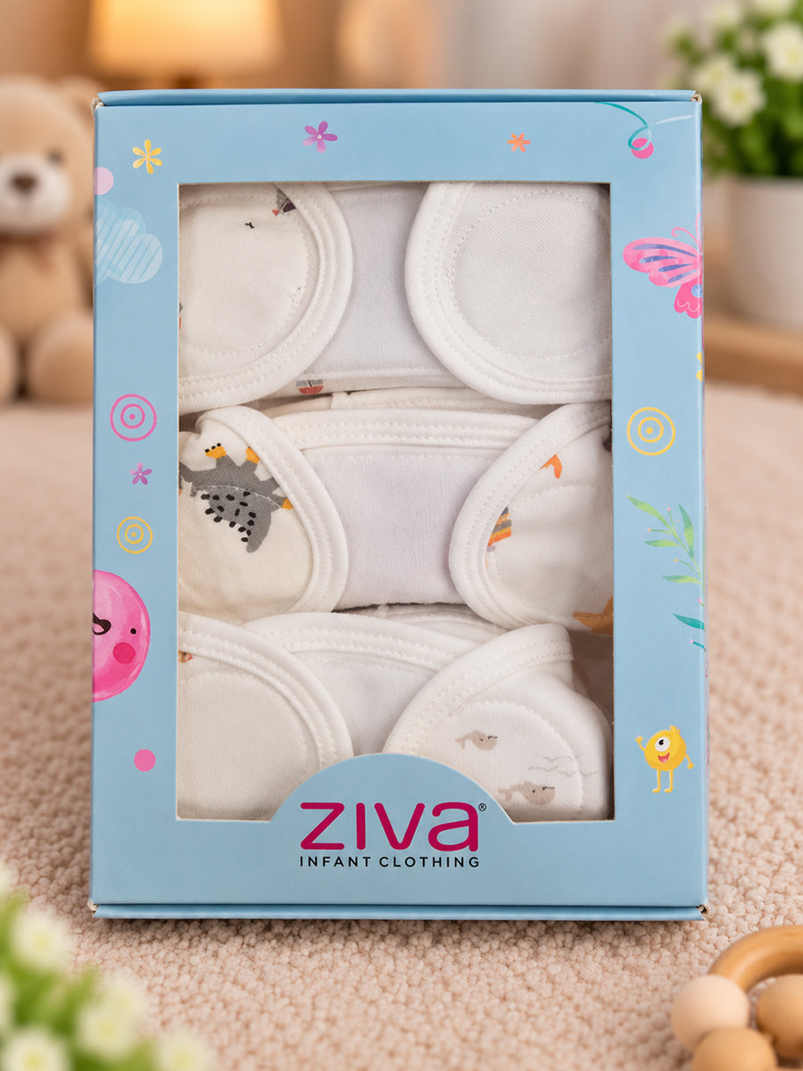 Ziva 3 Piece Velcro Nappy – Baby Boy | Premium Knitted Cotton | Lightly Padded Attached Insert | Assorted White & Off-White Prints