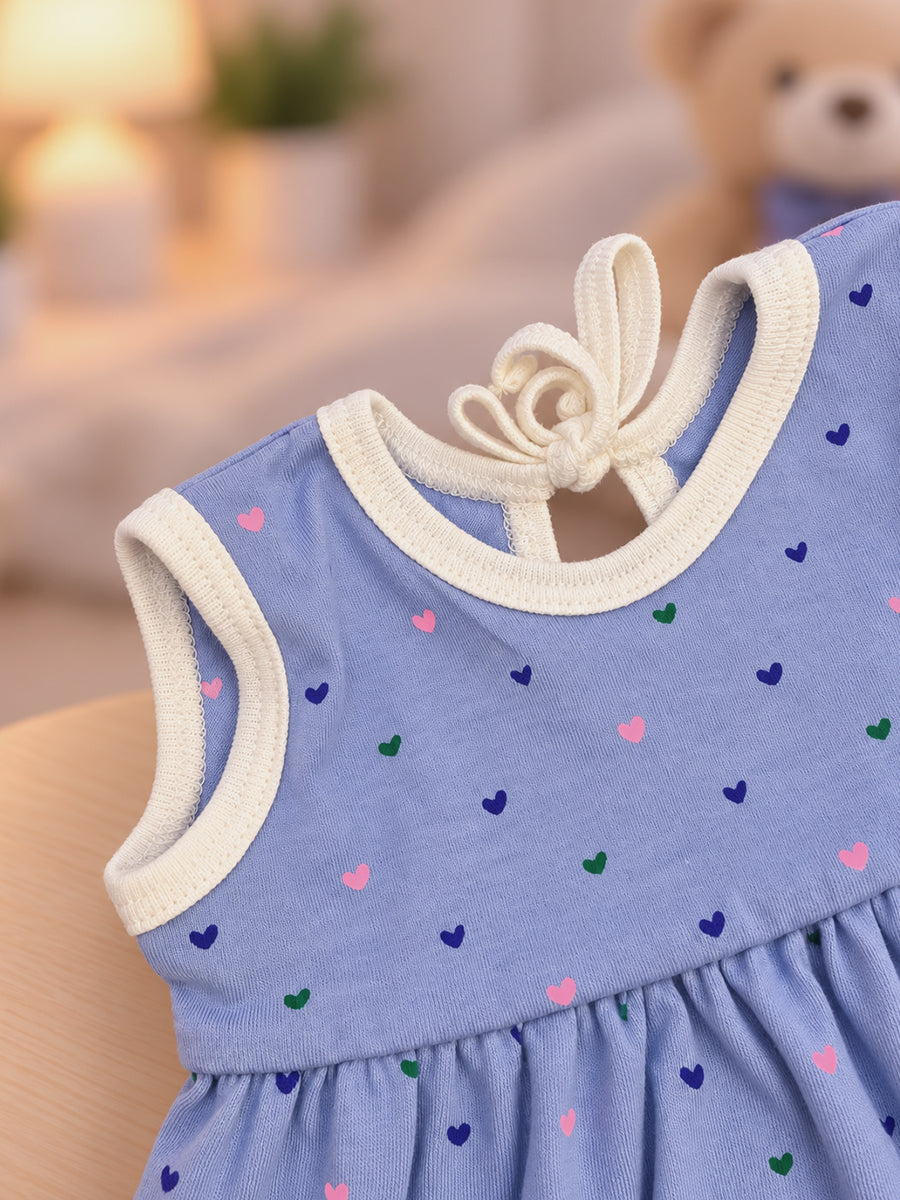Ziva Baby Girl Frock with Pantie – Periwinkle Blue Tiny Heart Print | Premium Knitted Cotton | Back Adjustable Tie | 2-Piece Set