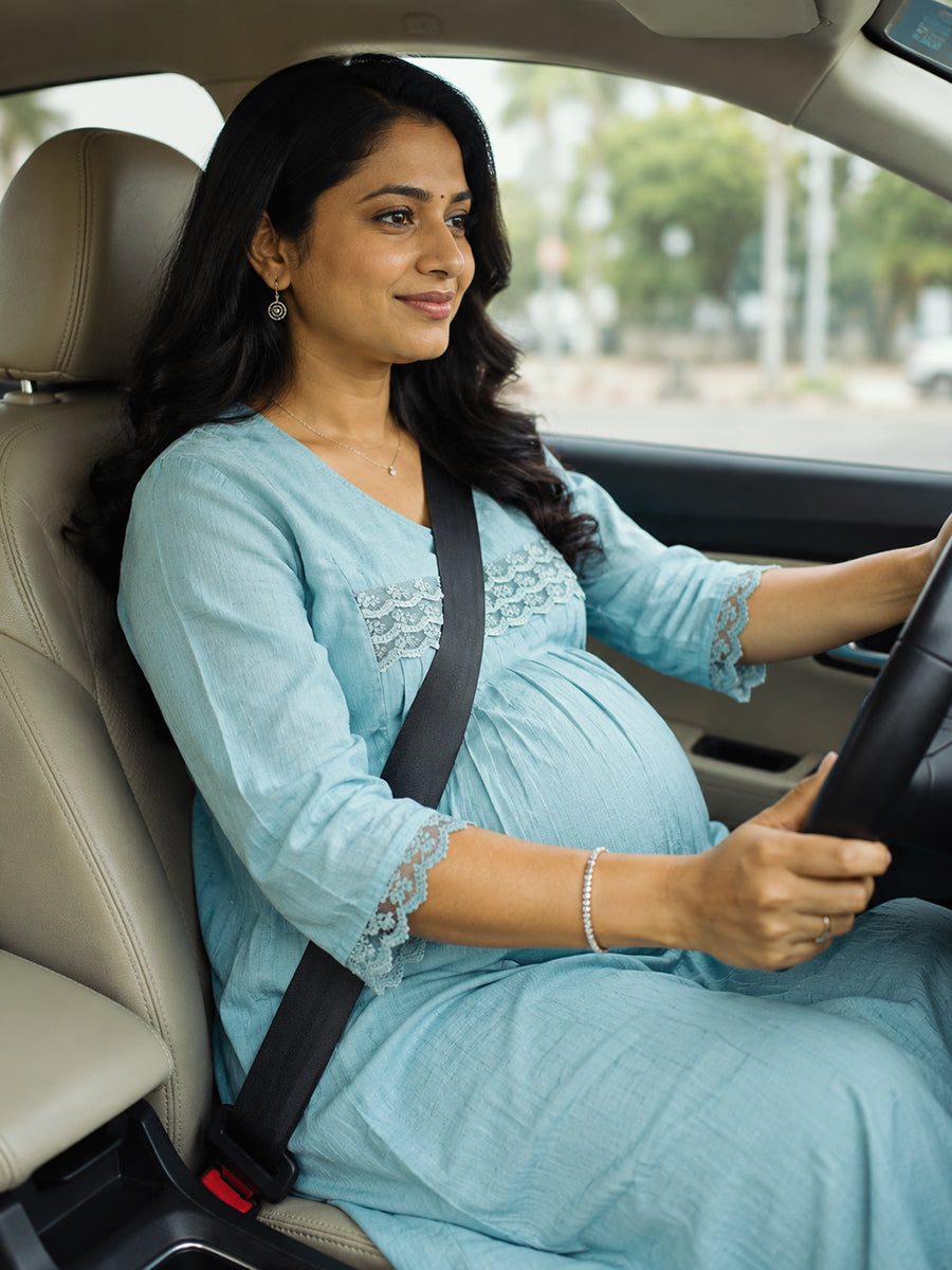 Ziva Maternity & Feeding Slub Grain Textured Dress with Invisible Feeding Zips, Crochet Lace Detailing & Pocket – Dusty Teal