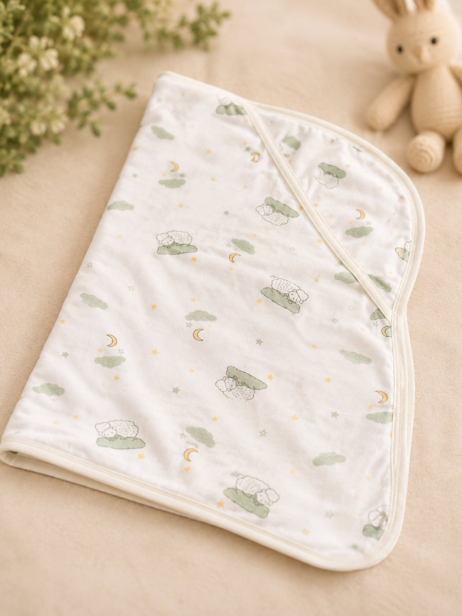 Ziva Baby Hooded Towel –   White | Sleeping Lamb, Moon & Star Print | 100% Knitted Cotton