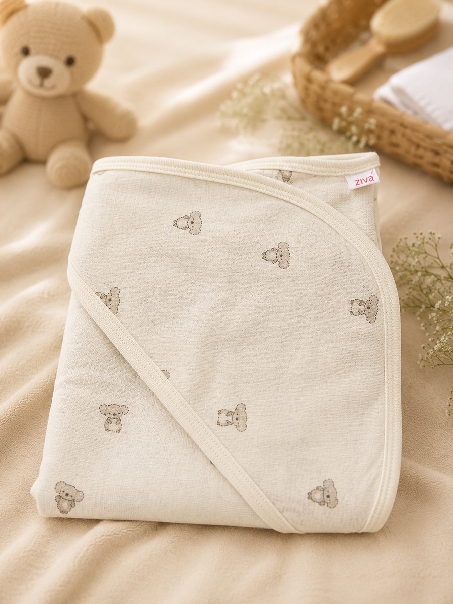 Ziva Baby Hooded Towel – Light Cream Greyish | Tiny Teddy Bear Print | Soft Knitted Cotton