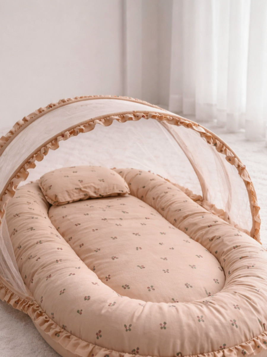 Ziva Baby Net Bed with Head Rest – Organic Cotton Brown Cherry Print