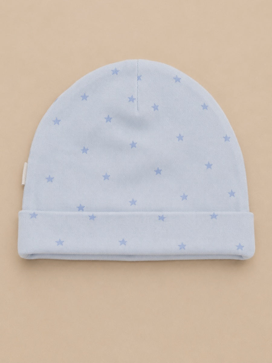 Ziva Baby Sleepsuit with Cap – Knitted Cotton Front Zip, Fold-Over Mittens & Integrated Booties | Baby Blue | Tiny Blue Stars Print
