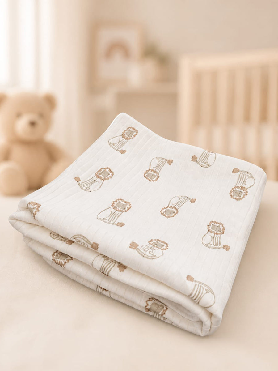 Ziva Baby Blanket – Off White | Lion Cub Print | 100% Knitted Cotton