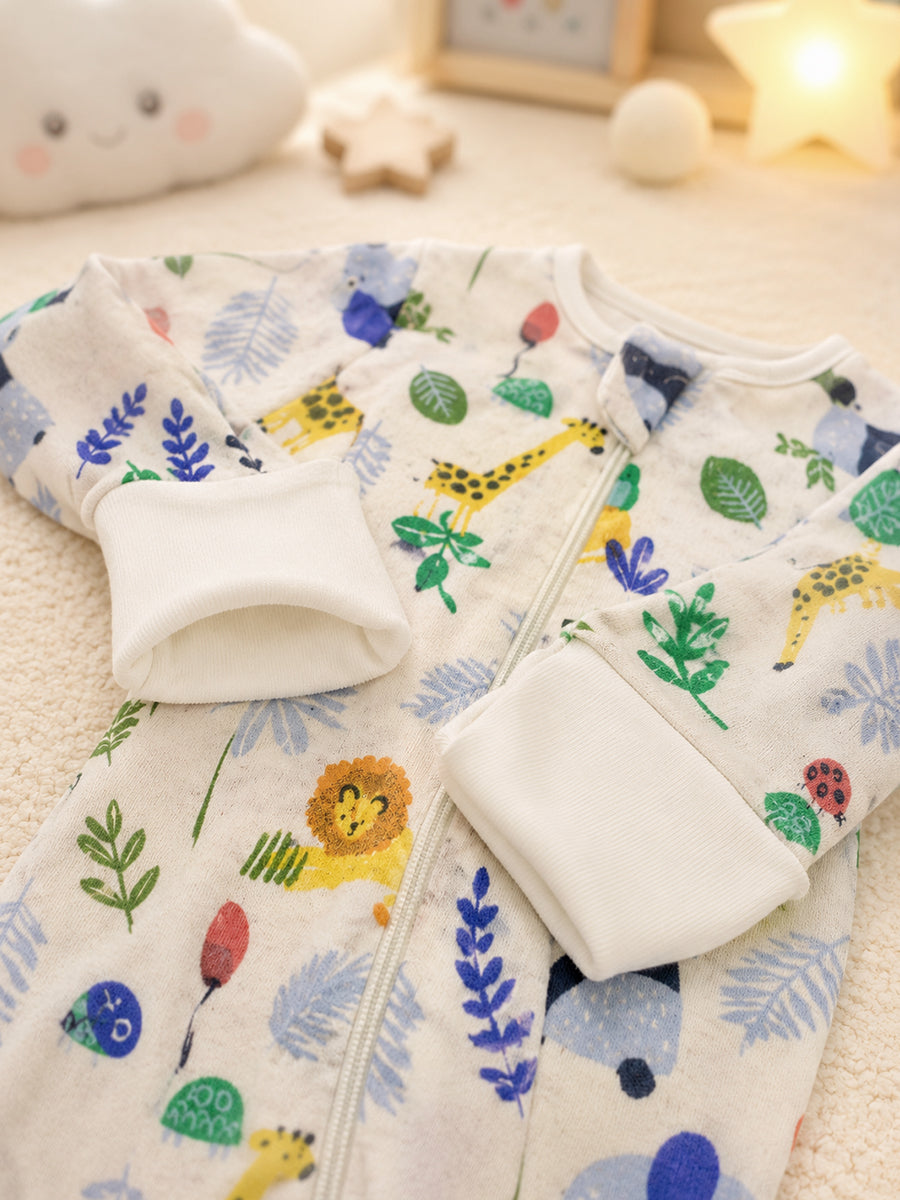 Ziva Knitted Cotton Baby Sleepsuit with Cap – Safari Animal Print | Ivory Cream