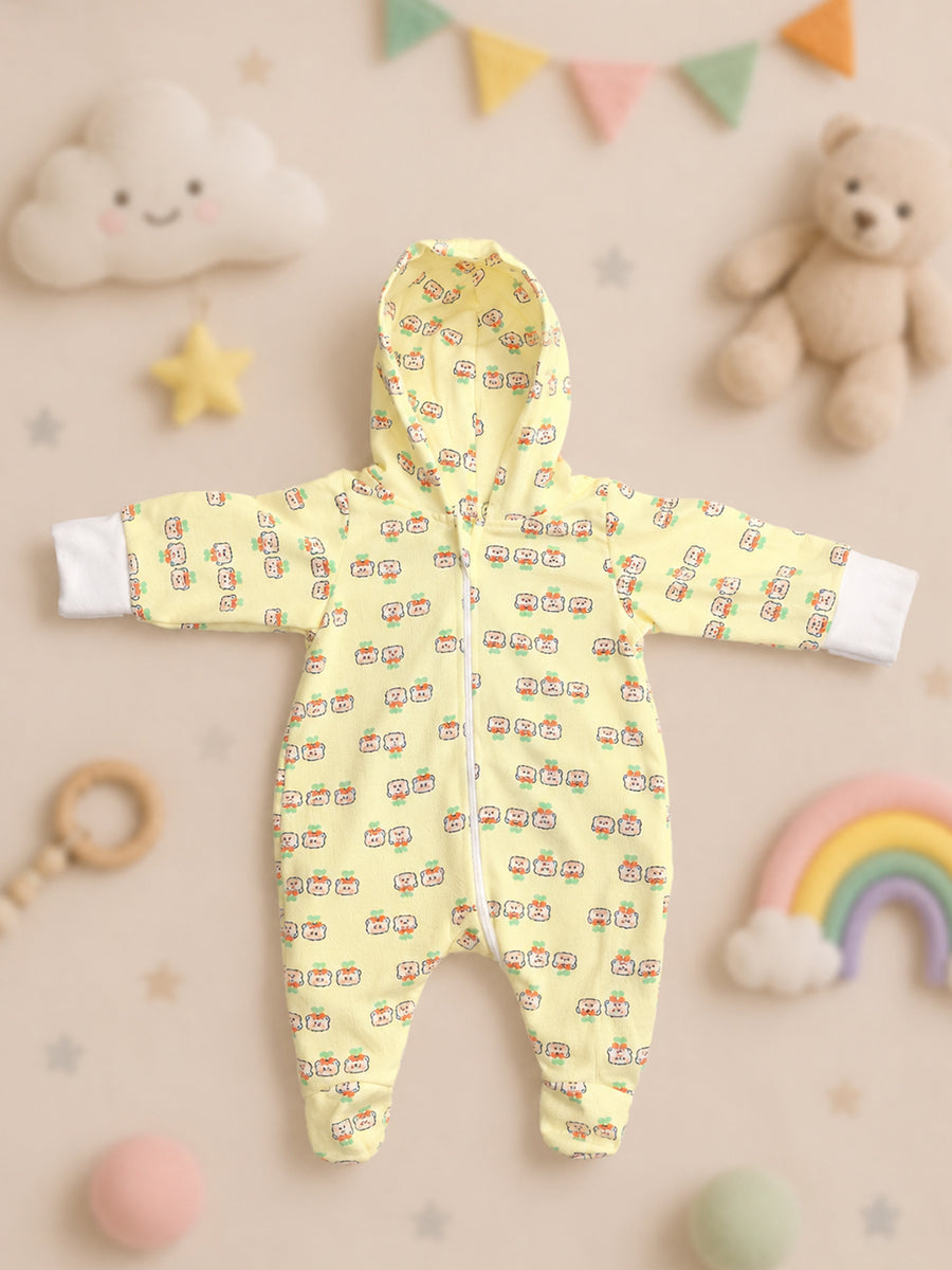 Ziva Hooded Knitted Cotton Sleepsuit – Cherry Bear Print | Buttercream Yellow