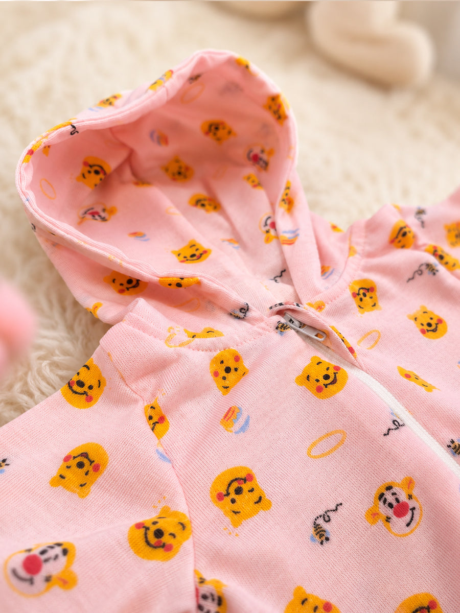 Ziva Hooded Knitted Cotton Baby Sleepsuit – Teddy & Tiger Friends Print | Soft Baby Pink