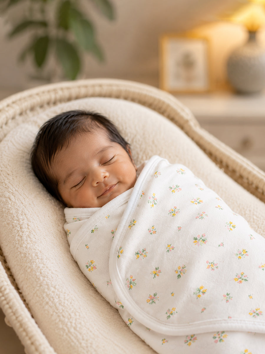 Ziva Baby Blanket – White | Tiny Wildflower Bouquet Print | Knitted Cotton