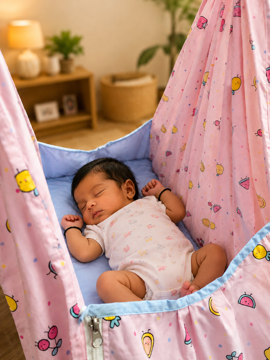 Ziva Multipurpose Cotton Baby Cradle with Bed & Convertible Swing Chair – Baby Pink Cartoon Fruit Print