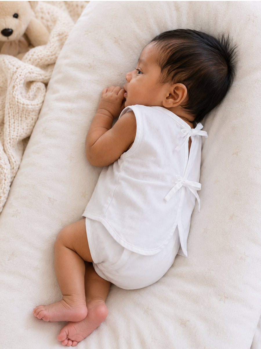 Ziva 6-Piece Cotton Jabla with Tie – Soft Sleeveless Newborn Wear | White