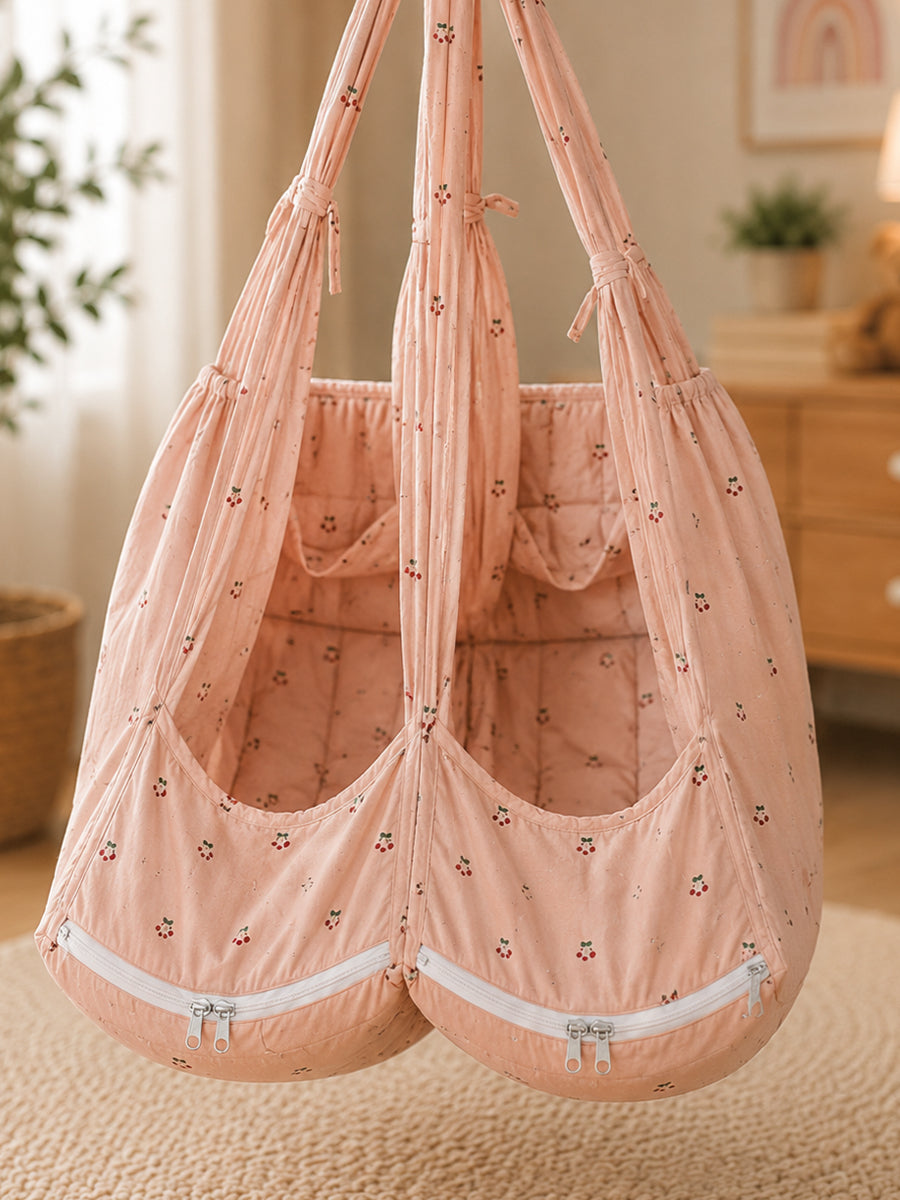 Ziva Exclusive Twin Organic Cotton Cradle with Bed & Convertible Swing Chair – Peach Brown Cherry Print