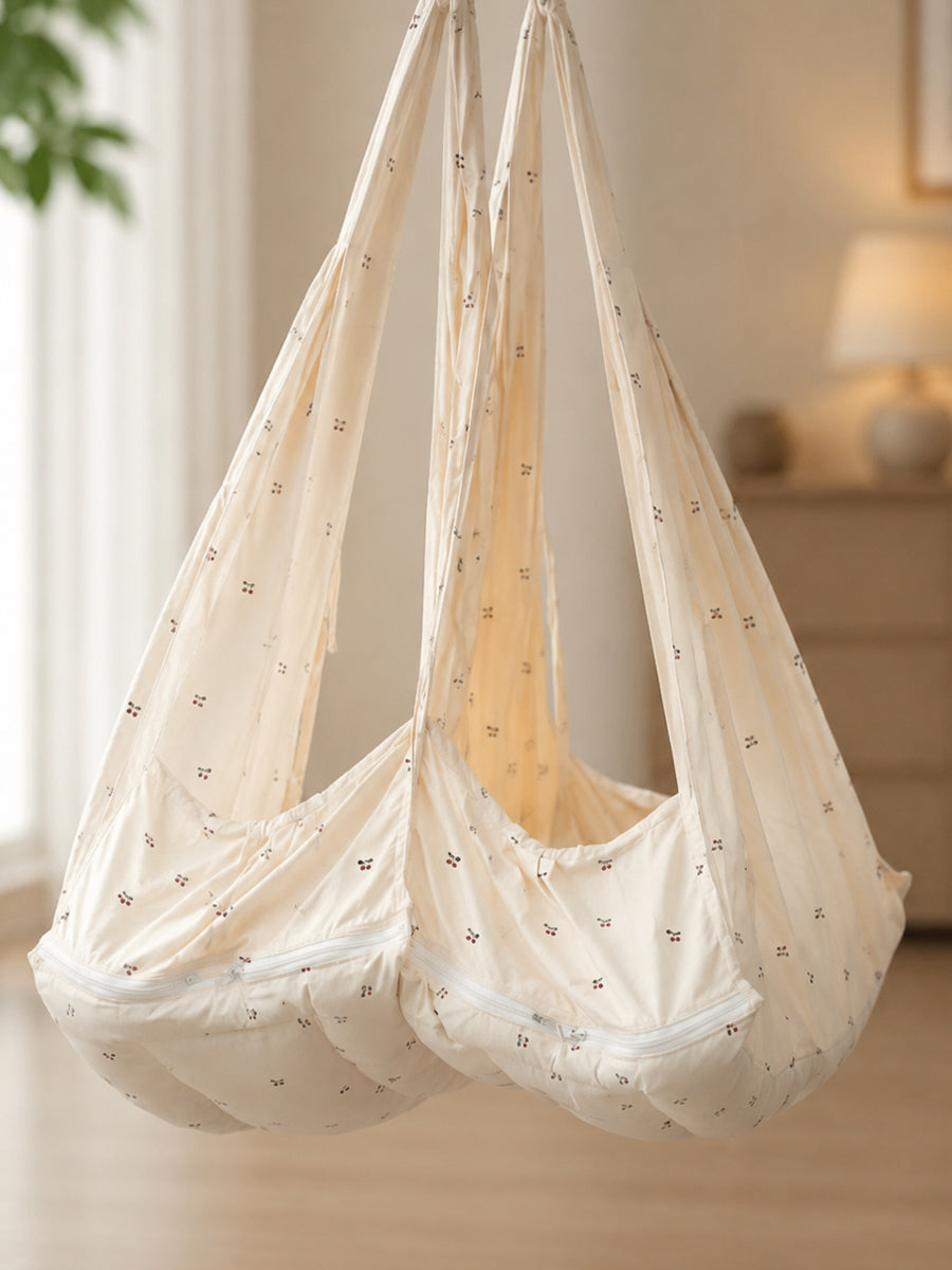 Ziva Exclusive Twin Organic Cradle with Bed & Convertible Swing Chair – Cream Cherry Print