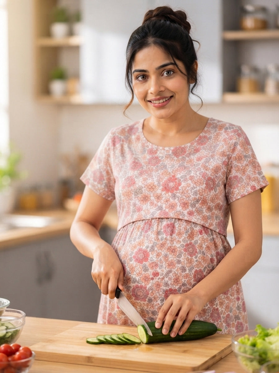 Ziva Zipless Maternity & Feeding Knitted Dress with Adjustable Tie & Side Pocket – Vintage Rose Garden Print