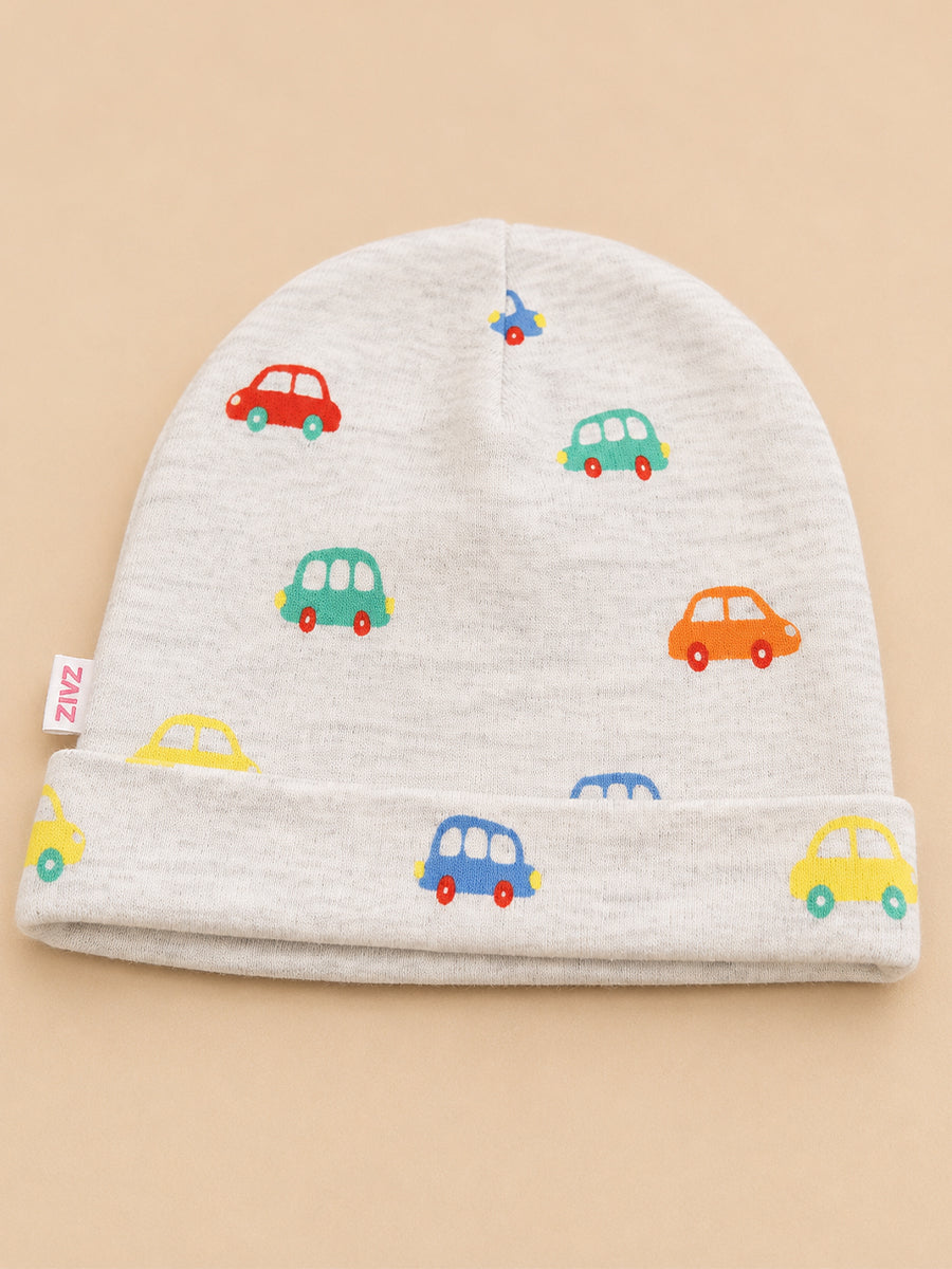 Ziva Baby Sleepsuit with Cap – Knitted Cotton Front Zip, Fold-Over Mittens & Integrated Booties | Soft Heather Grey | Happy Little Cars Print