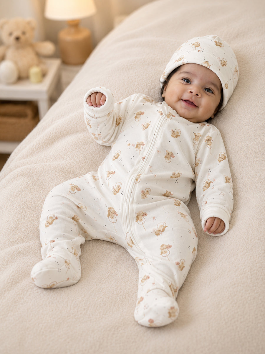 Ziva Baby Sleepsuit with Cap – Knitted Cotton Front Zip, Fold-Over Mittens & Integrated Booties | Soft Off White | Little Monkey Print