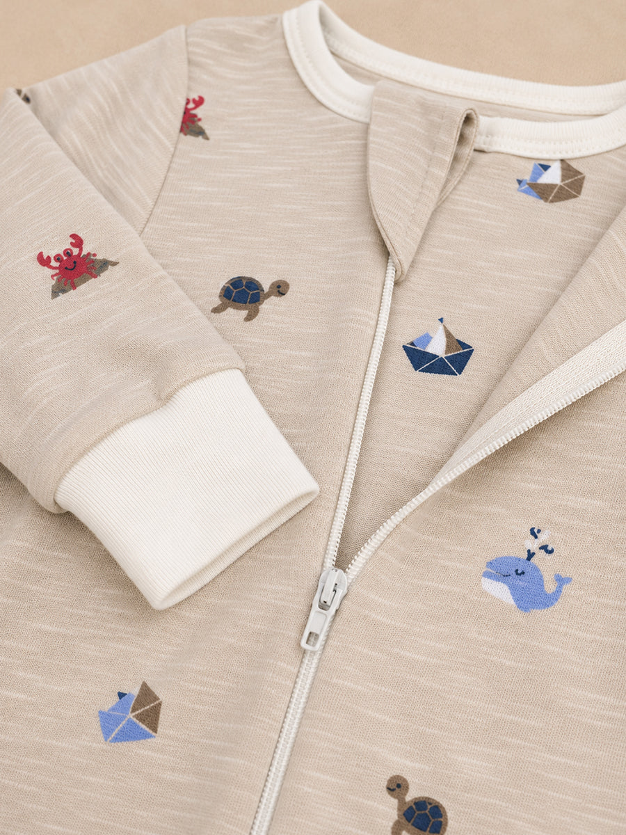 Ziva Baby Sleepsuit with Cap – Knitted Cotton Front Zip, Fold-Over Mittens & Integrated Booties | Warm Ash Grey | Little Ocean Adventure Print