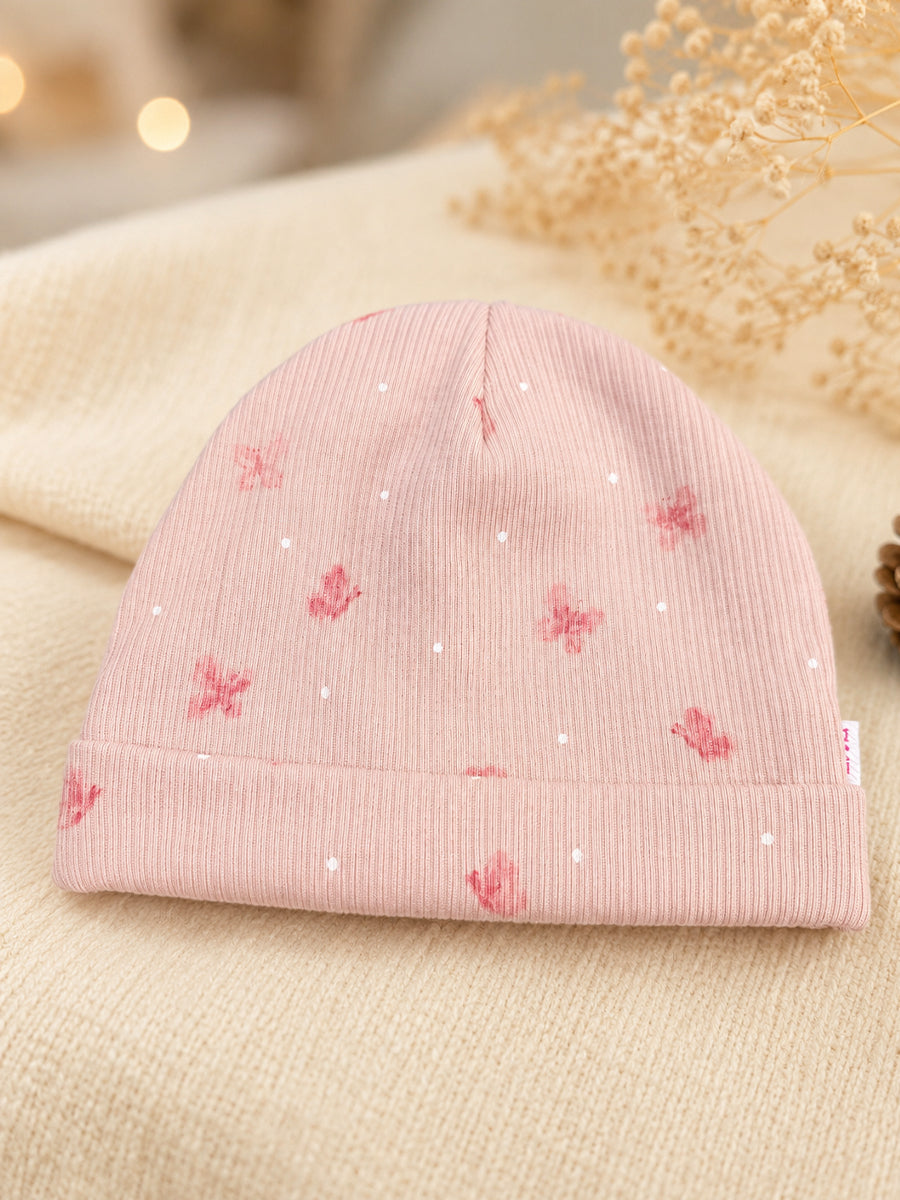 Ziva Baby Sleepsuit with Cap – Knitted Cotton Front Zip, Fold-Over Mittens & Integrated Booties | Blush Peach Pink | Tiny Butterfly Print