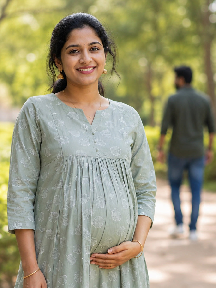 Ziva Maternity & Feeding Cotton Co-ord Set with Side Zips & Pockets – Pistachio Green Seashell Print