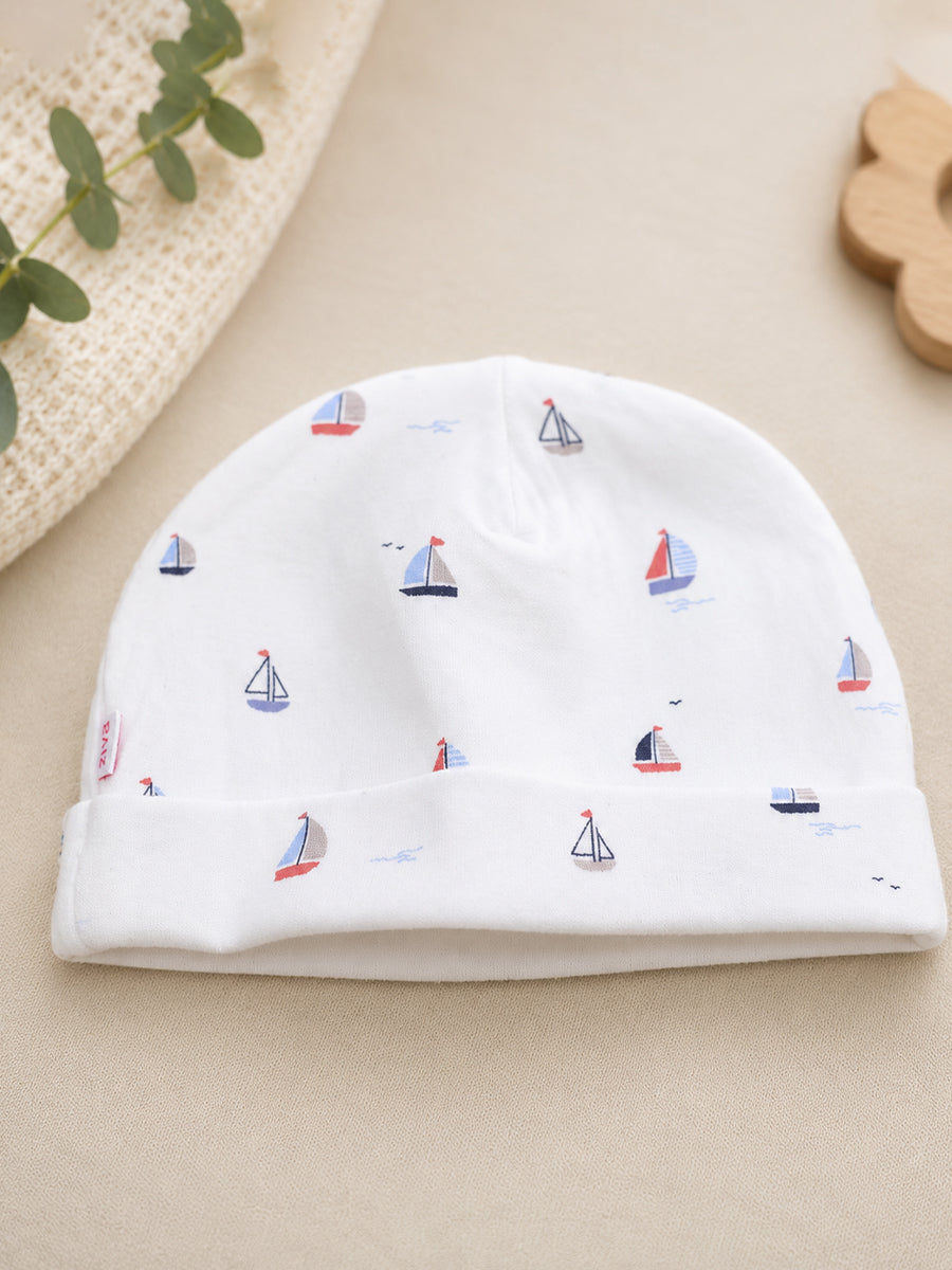 Ziva Baby Cap, Mitten & Bootie Set – Sailboat Print | Knitted Cotton