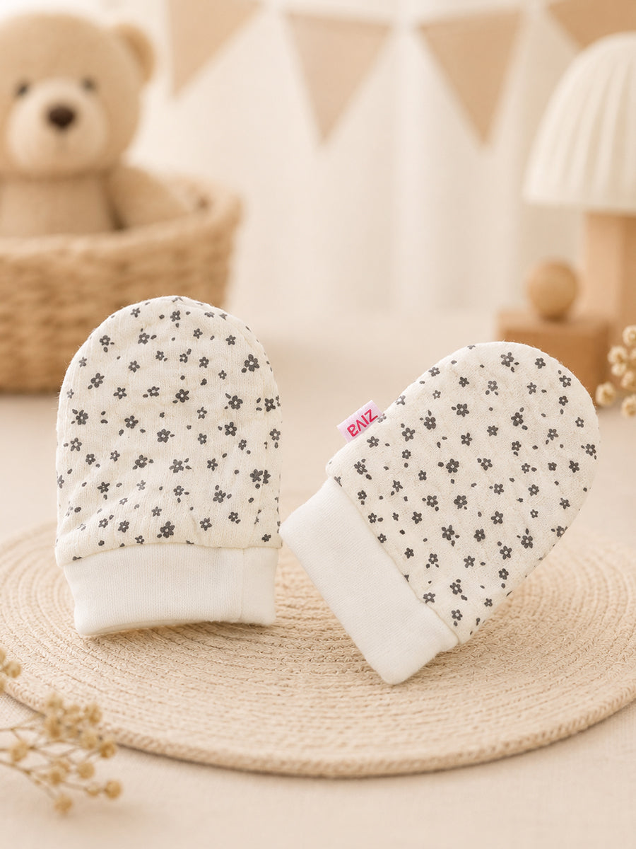 Ziva Baby Cap, Mitten & Bootie Set – Tiny Floral Print | Knitted Cotton