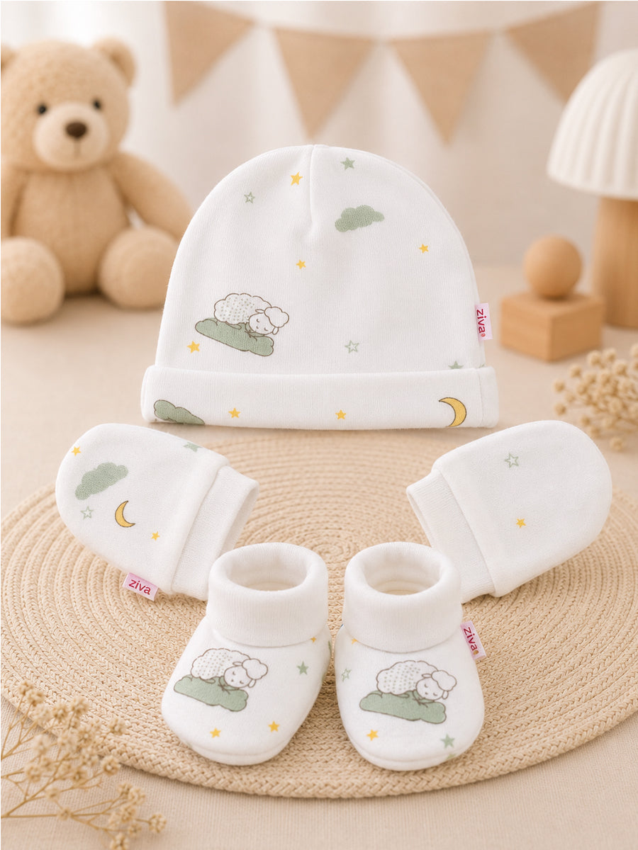 Ziva Baby Cap, Mitten & Bootie Set – Little Lamb & Stars Print | Knitted Cotton