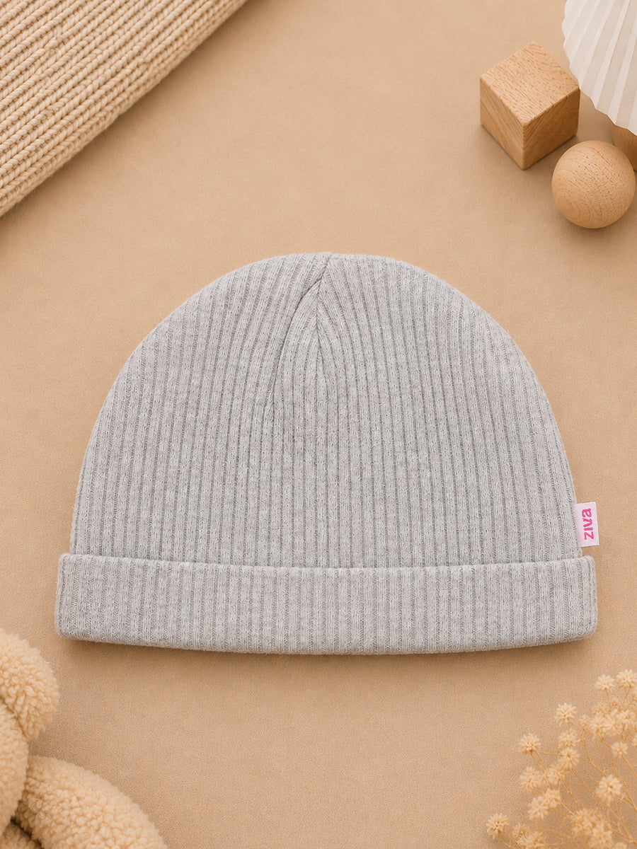 Ziva Baby Cap, Mitten & Bootie Set – Solid Grey Ribbed | Knitted Cotton