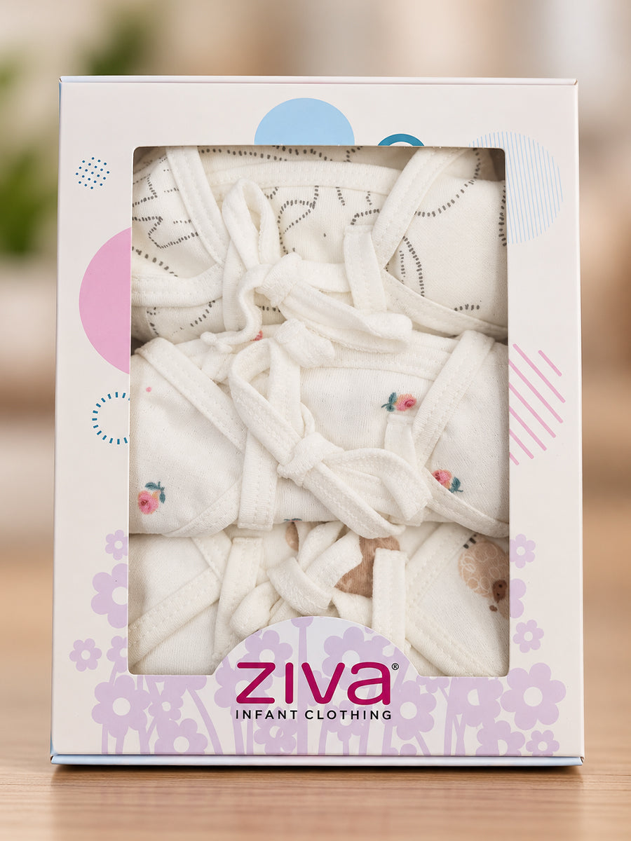 Ziva 3 Piece Nappy – Unisex | Premium Adjustable Tie Nappy | Knitted Cotton | Lightly Padded Attached Insert | Assorted White & Off-White Prints(Print Details: Check Product Description)