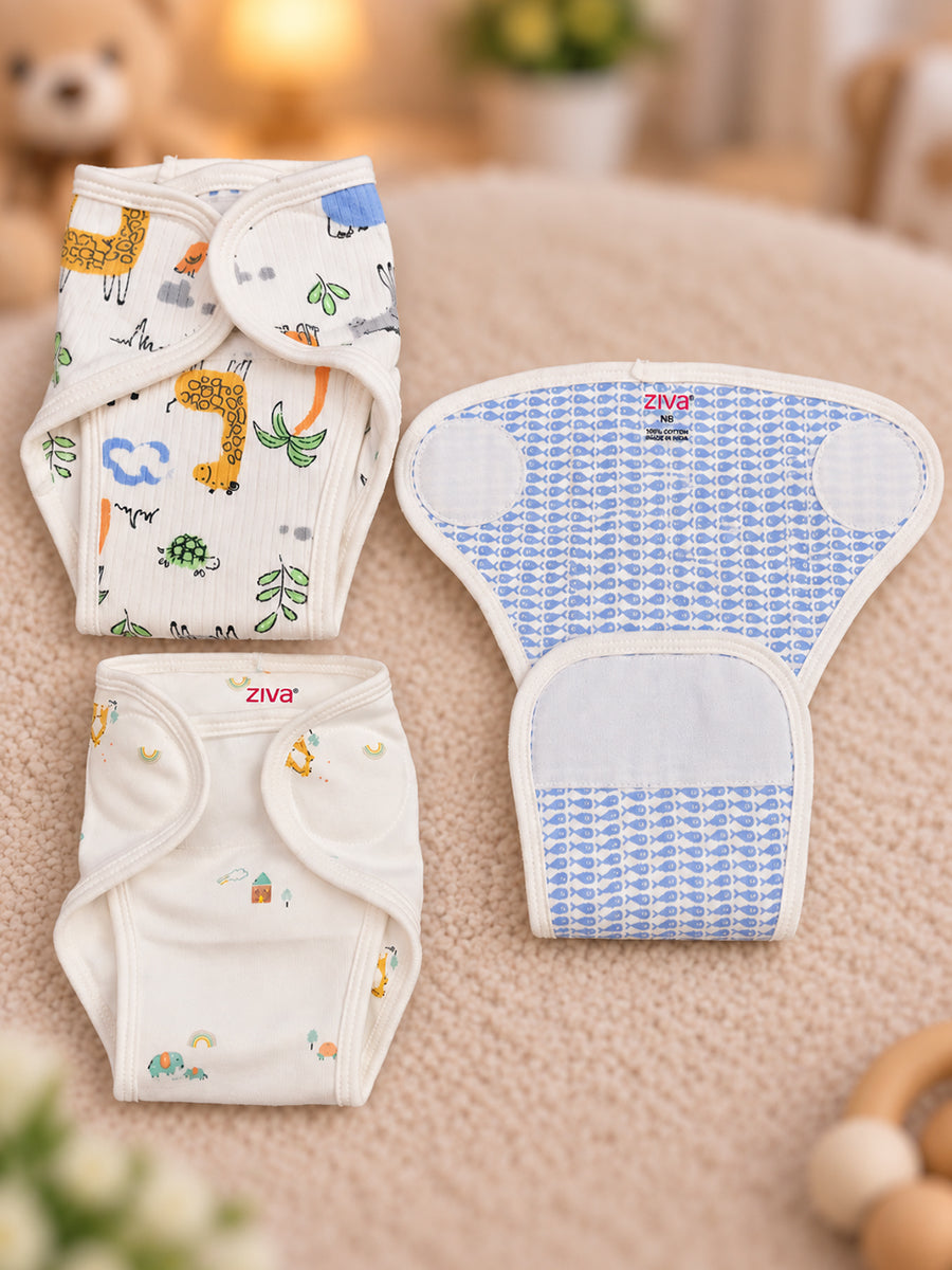 Ziva 3 Piece Velcro Nappy – Baby Boy | Premium Knitted Cotton | Lightly Padded Attached Insert | Assorted White, Off-White & Blue Prints
