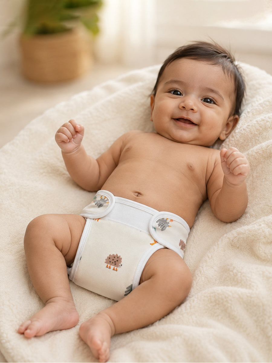 Ziva 3 Piece Velcro Nappy – Baby Boy | Premium Knitted Cotton | Lightly Padded Attached Insert | Assorted White & Off-White Prints