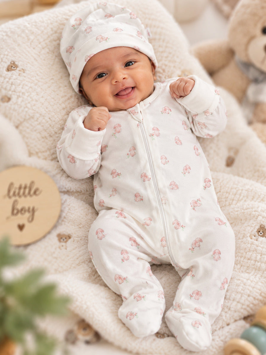 Ziva Baby Sleepsuit with Cap – Off White Tiny Bunny Print | Premium Knitted Cotton | Front Zip | Fold-Over Mittens & Integrated Booties