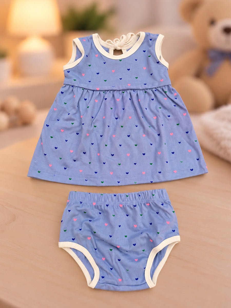 Ziva Baby Girl Frock with Pantie – Periwinkle Blue Tiny Heart Print | Premium Knitted Cotton | Back Adjustable Tie | 2-Piece Set
