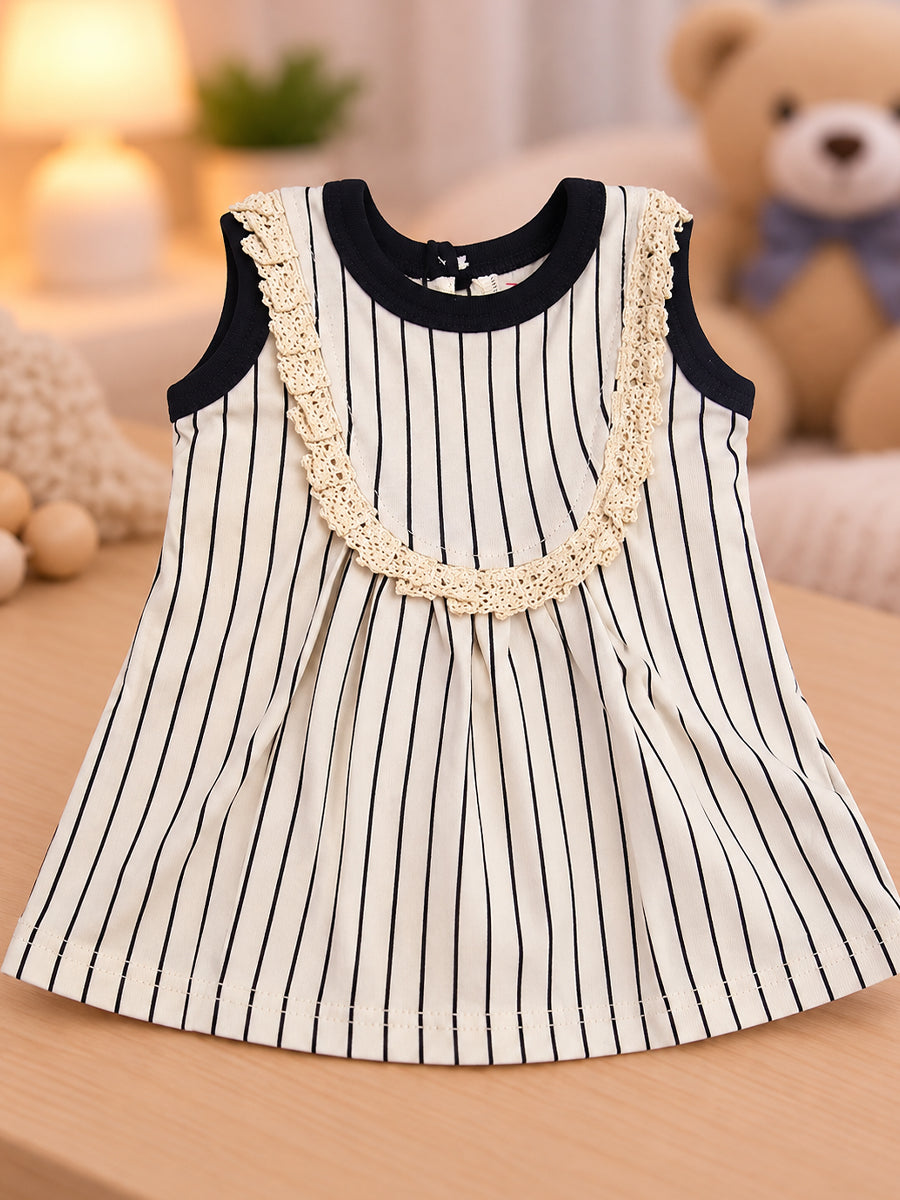 Ziva Baby Girl Frock with Pantie – Off White & Black Vertical Stripe | Elegant Lace Yoke | Premium Knitted Cotton | 2-Piece Set