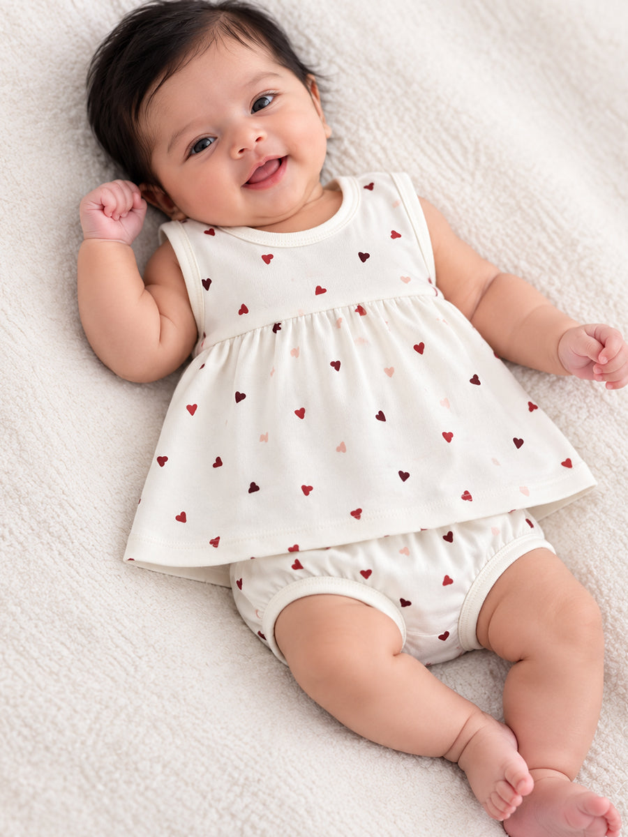 Ziva Baby Girl Frock with Pantie – Off White Multicolour Tiny Heart Print | Premium Knitted Cotton | Back Knot Tie | 2-Piece Set