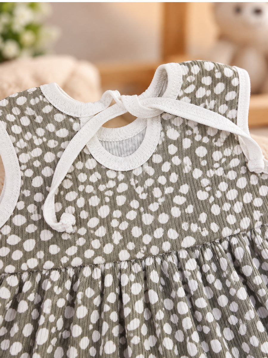 Ziva Baby Girl Frock with Pantie – Olive Sage White Pebble Print | Premium Knitted Cotton | Back Knot Tie | 2-Piece Set