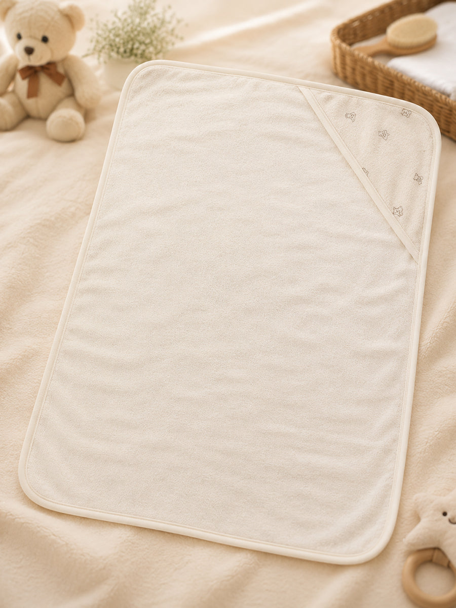 Ziva Baby Hooded Towel – Light Cream Greyish | Tiny Teddy Bear Print | Soft Knitted Cotton