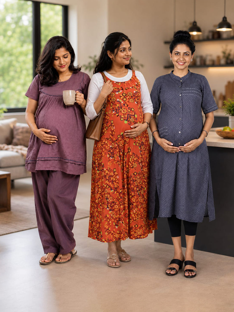 Ziva 3 Dress Maternity & Feeding Combo – Cotton Pyjama Suit, Rayon Gown with Inner Baniyan & Cotton Top