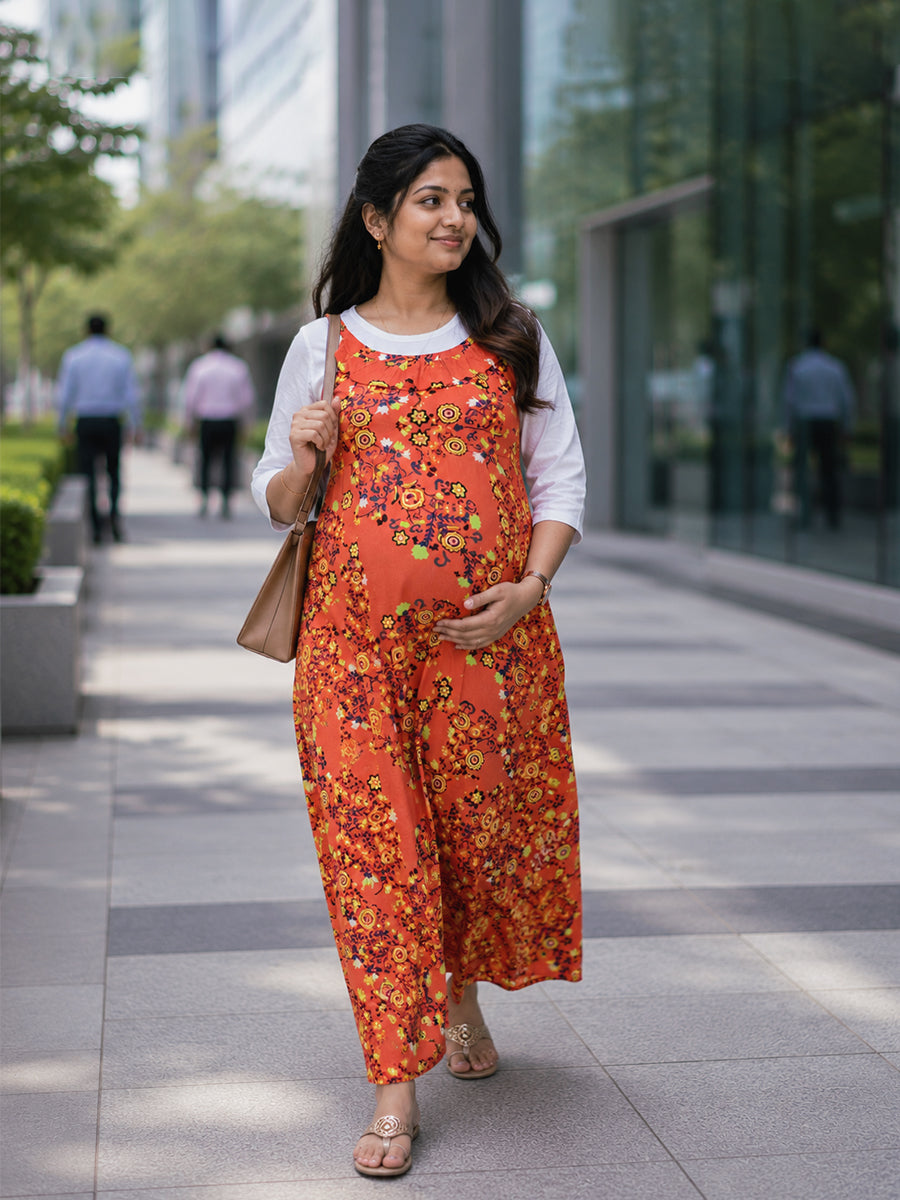 Ziva Maternity & Feeding Rayon Full Gown with Knitted Cotton Inner Baniyan & Invisible Feeding Zips
