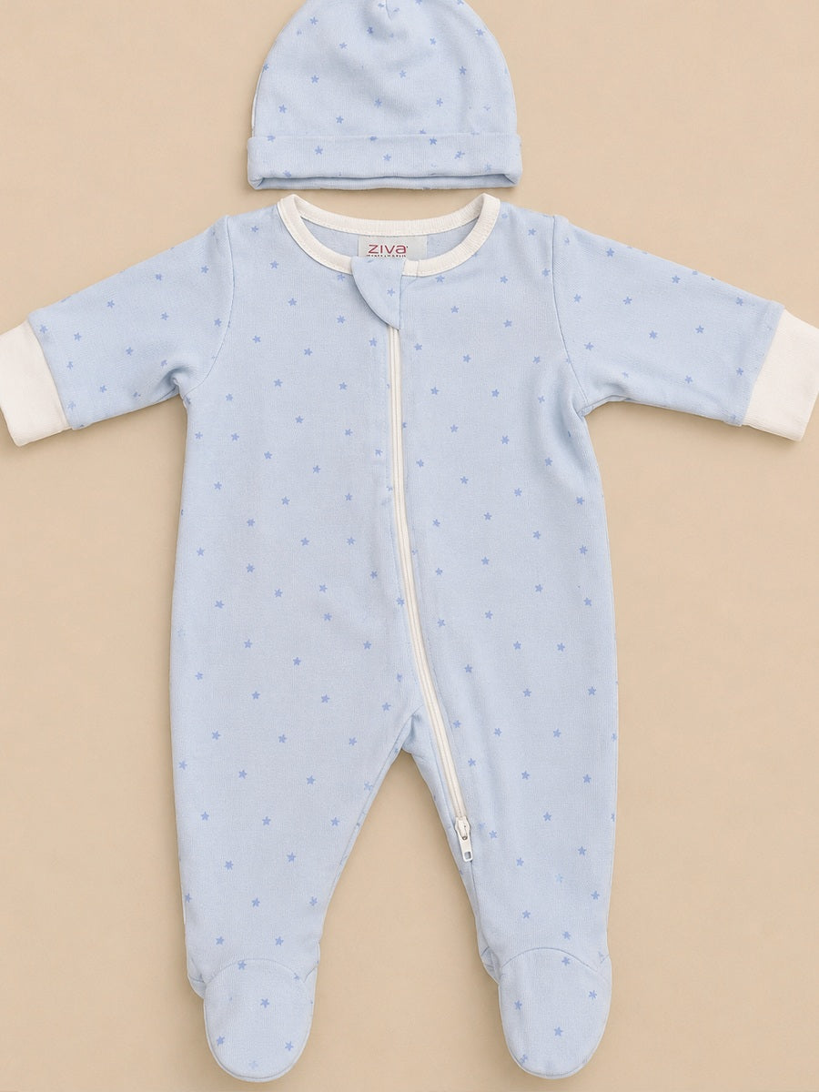 Ziva Baby Sleepsuit with Cap – Knitted Cotton Front Zip, Fold-Over Mittens & Integrated Booties | Baby Blue | Tiny Blue Stars Print