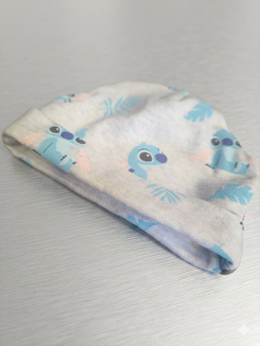Ziva Knitted Cotton Baby Sleepsuit with Cap – Cartoon Character & Tropical Leaf Print | Heather Grey & Sky Blue