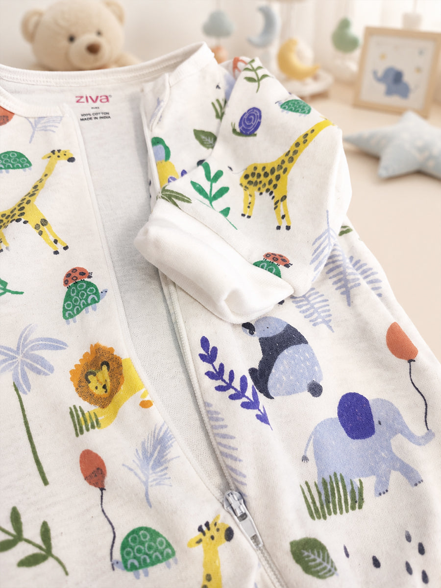 Ziva Knitted Cotton Baby Sleepsuit with Cap – Safari Animal Print | Ivory Cream