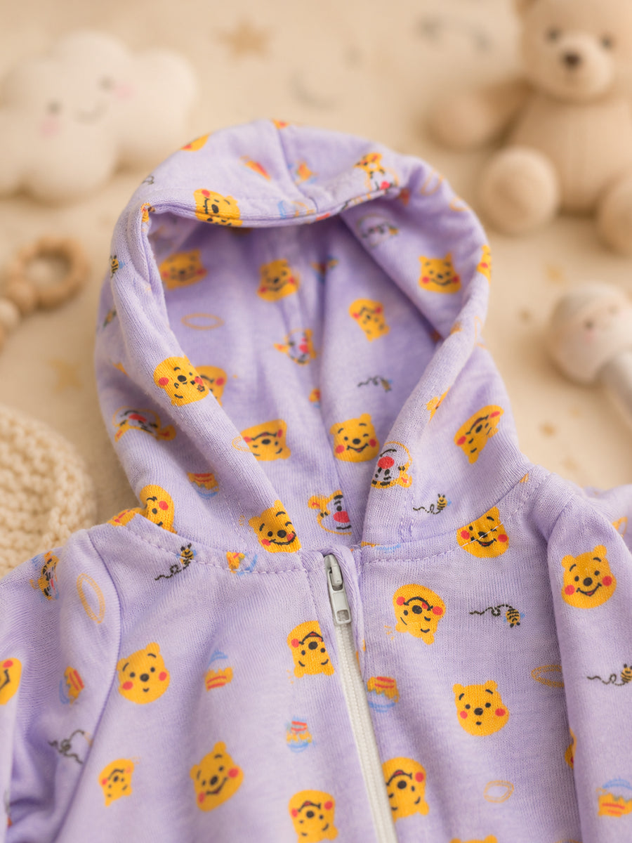 Ziva Hooded Knitted Cotton Baby Sleepsuit – Teddy & Koala Print | Soft Lavender Purple